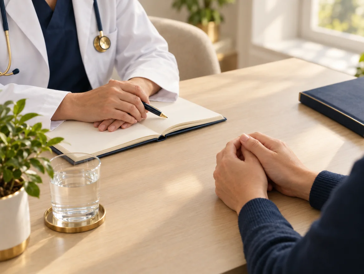 Beratungsgespräch zwischen Arzt und Patient am Tisch